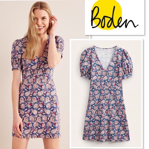 NWT Boden V-Neck Jersey Mini Dress Size 12 Puff Short Sleeve Paisley Print D0555 - Picture 1 of 16